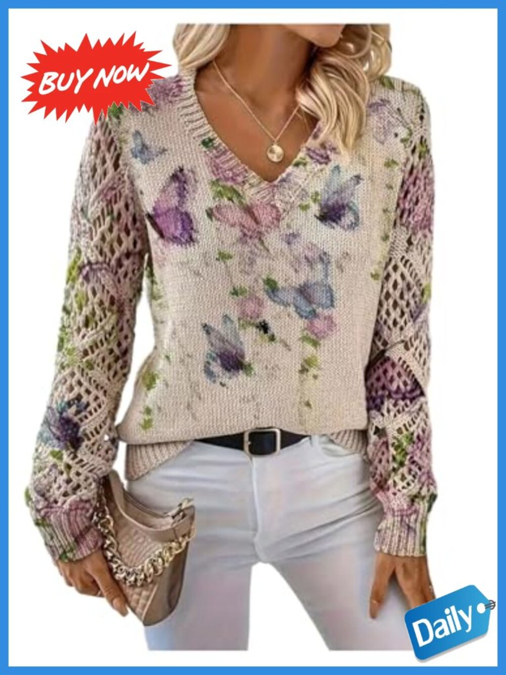 Women's Crochet Floral Knit Long Sleeve V-Neck Pullover Sweater